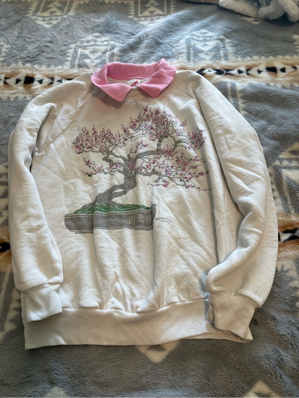 Jerzees Cream Sweatshirt with Pink Collar and Bonsai Tree Graphic